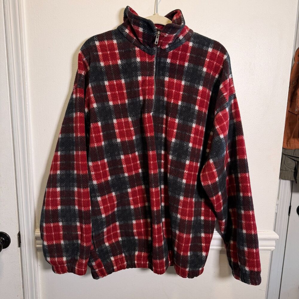 Munsingwear Mens XXL Plaid Fleece Pullover Red Black 1/4 Zip 90s Outdoors